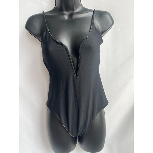 Reversible One Piece Swimsuit Black Beige Size S Plunging Open Back Minimalist - Picture 1 of 12